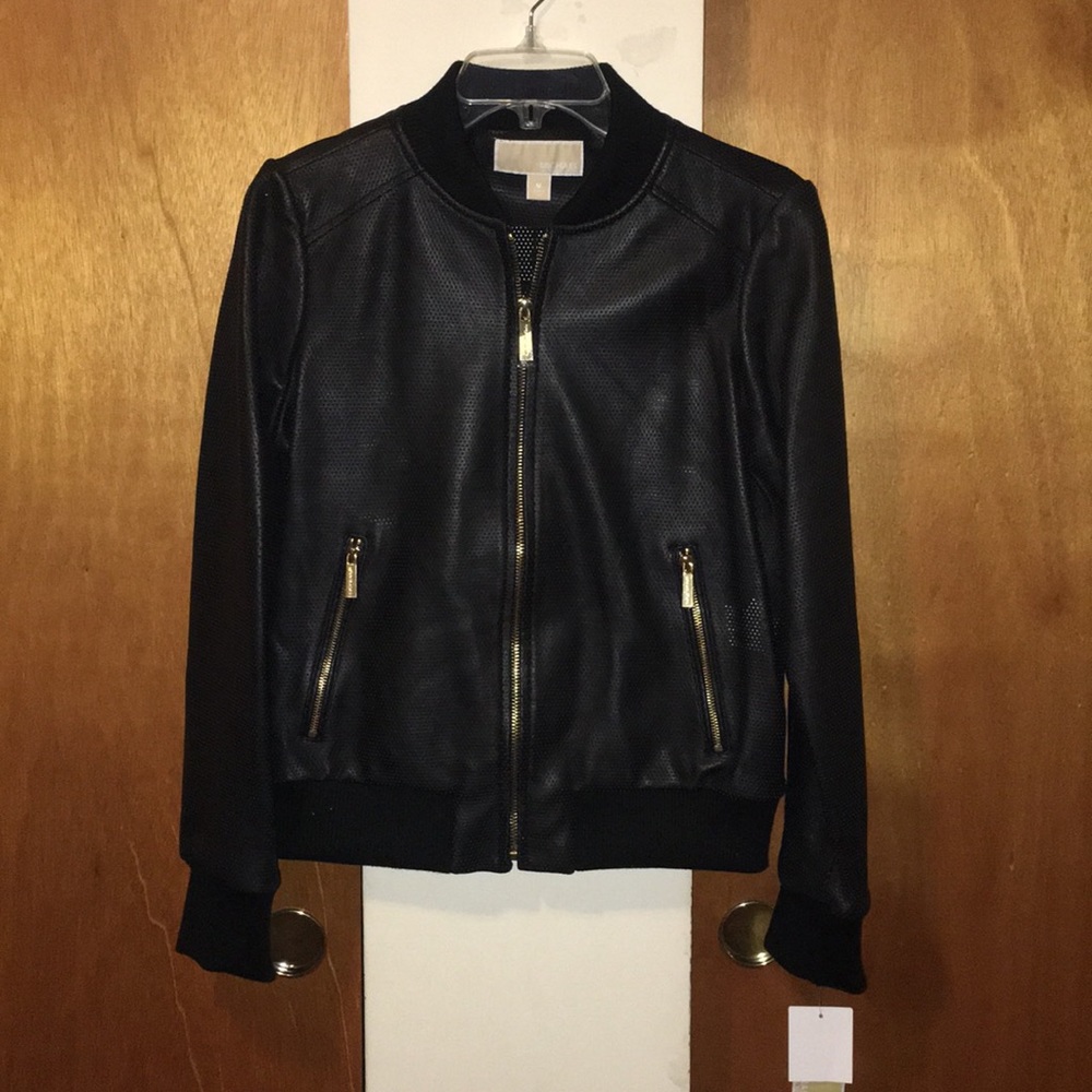 ♣️NWT MK Genuine Leather Perforated Bomber Jacket
